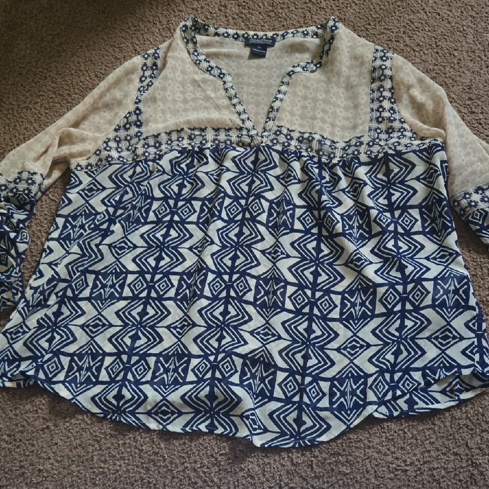 Lucky Brand Boho Blue and Cream Sheer Geometric Blouse